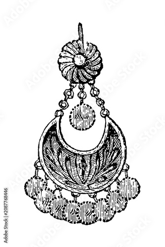 Ornate Oriental ear pendant with beads and floral motifs, old vintage illustration, 1897.