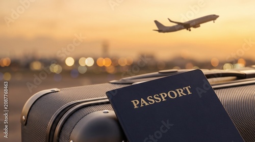 Passport and luggage ready for an airplane journey at sunset