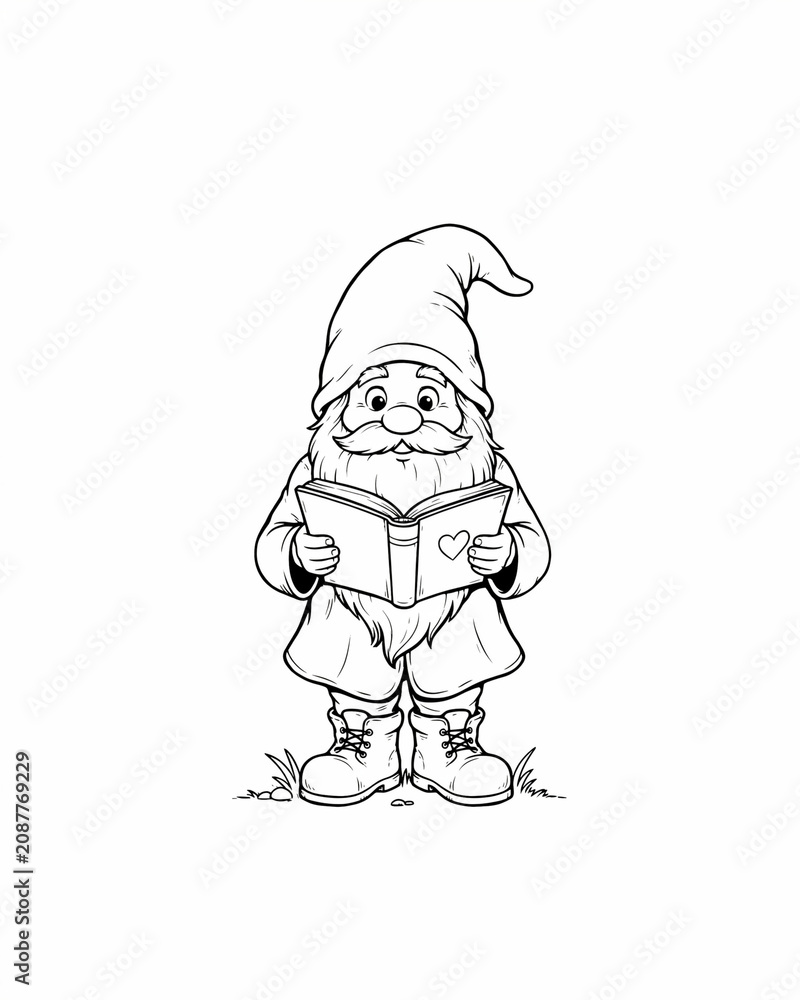 Obraz premium Black and white line art of a cute garden gnome reading a book.