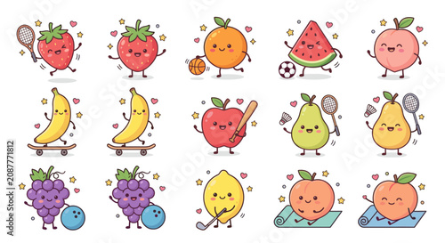Konstfotografi Cute fruit mascots participating in sports and fitness.