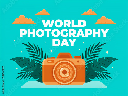 World photography day poster design with orange camera and tropical foliage photography tropical illustration creative snapshot celebration background equipment artistic