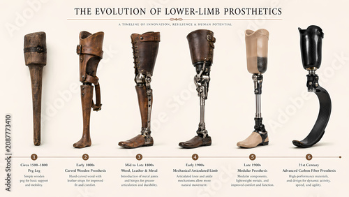Timeline chart showing the historical evolution of lower limb prosthetics from peg leg to carbon fiber