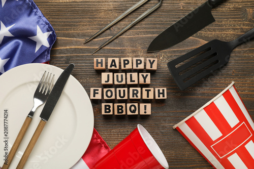 USA flag, wooden cubes with...