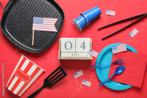 USA flags, calendar with da...