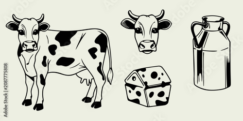 Bild auf Leinwand Cows Milk Can And Spotted Cube In Black And White Vector Illustration