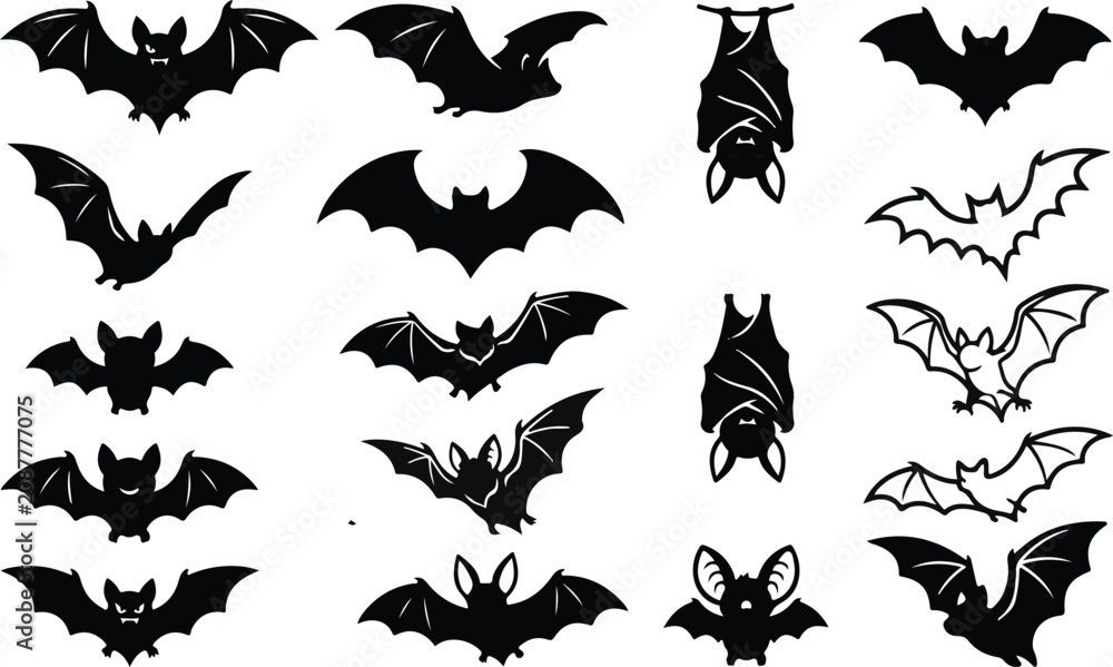 Fototapeta premium Black bat silhouettes collection for halloween designs and spooky graphics