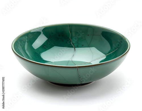 A dark green glazed ceramic celadon bowl featuring delicate crackle pattern textures resting on a white background
