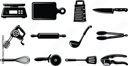 Quadro su tela Kitchen Tool Silhouette Collection with Chef Knife, Grater, Rolling Pin, Cutting