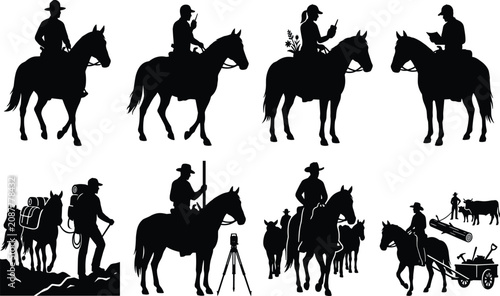 Fotografía Horseback riders and rural work silhouettes collection featuring ranchers survey