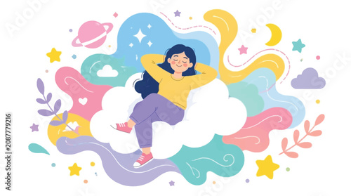 Obraz na płótnie Young Woman Relaxing on Cloud in Dreamlike Fantasy Landscape with Stars and Moon