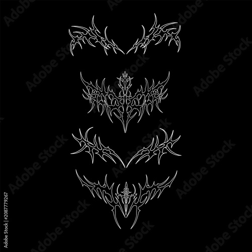 Tableau sur toile Collection of symmetrical neo tribal ornaments with sharp cyber sigilism details for tattoo and vector design