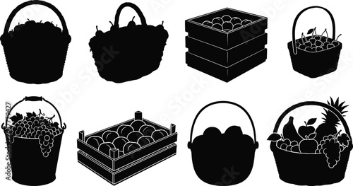 Fotografie Harvest Basket and Produce Crate Silhouette Collection Featuring Fruit Baskets V