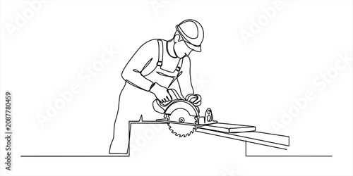 Continuous single line drawing of a construction worker using a circular saw to cut a wooden board for a home renovation project