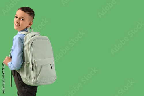 Cute schoolboy with backpack on green background