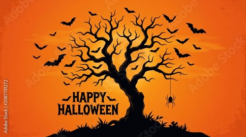 Halloween celebration with spooky tree bats and spider on orange background
