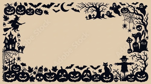 Halloween themed border with black silhouettes on beige background  spooky frame for invitations or decorations