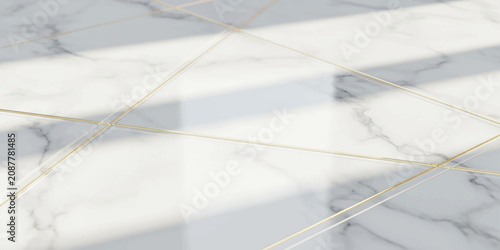 Marble floor with gold lines and shadows on white surface