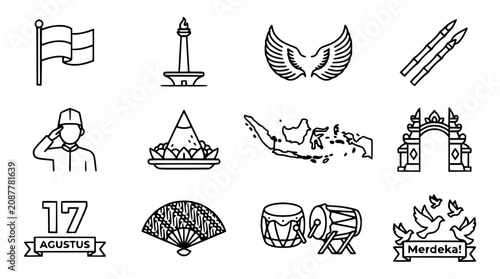 Obraz na płótnie Indonesia Independence Day Icons: Flag, Monas, Map, Soldier, Drum, Merdeka Banne