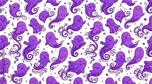 Purple octopus cartoon pattern with stars and moons on white background