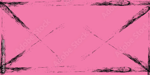Abstract Pink Background with Distressed Black Frame and Geometric Grunge Cross Patterns