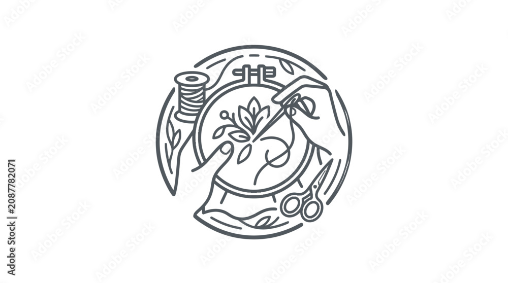 Fototapeta premium Corporate Minimalist Line Art Logo Design Featuring Sewing Tools Plant and Thread Spool in Monochrome