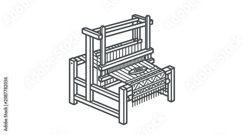 Foto Minimalist Black and White Line Drawing of a Three Tiered Wooden Loom or Weaving
