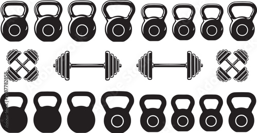 Fitness equipment collection featuring heavy kettlebells and metal gym dumbbells displayed on grey checkered background for exercise routines or workout design.