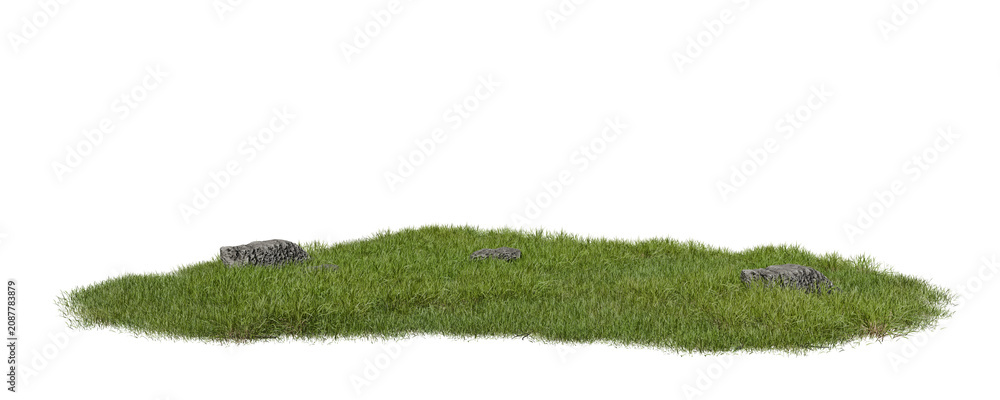 Obraz premium Patch of green grass grows on the ground with a few stones scattered on the surface. Bright light shines down during daytime, creating a natural setting. 3d render