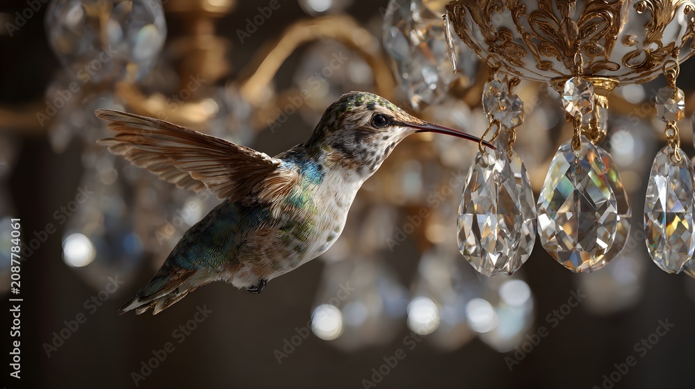 Fototapeta premium Hummingbird feeding from crystal chandelier with gold accents with flight feeding luxurious hummingbird mid decorative interior ornament with lighting