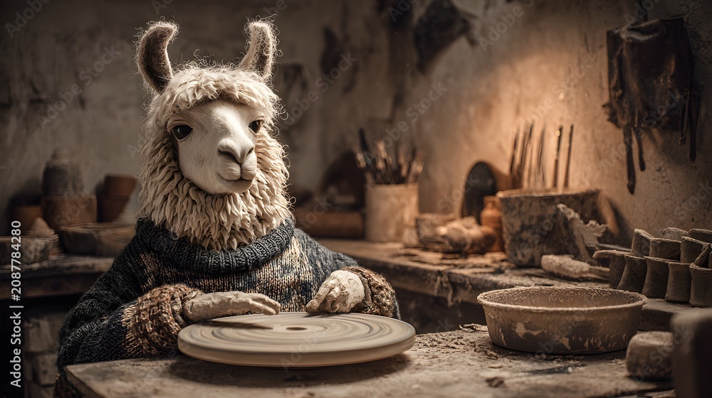 Fototapeta premium Llama in a workshop with hyperrealistic llama wearing knit sweater working pottery wheel workshop potter s wheel studio lighting ceramics with creation