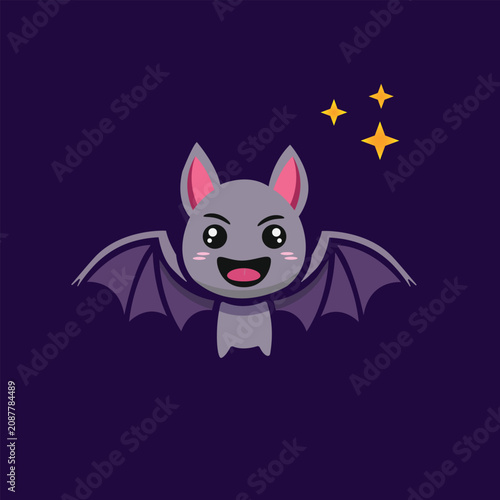 cute kawaii halloween bat character cartoon vector illustration on dark purple background