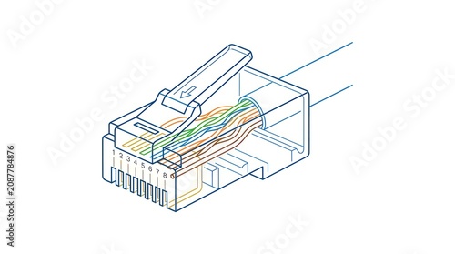 Numbered diagram of ethernet rj45 network connector showing wire arrangement pin layout.