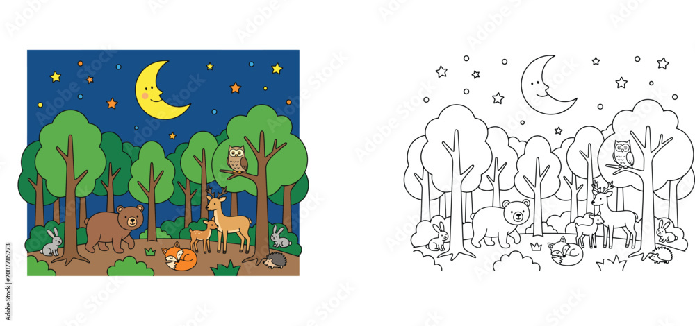Fototapeta premium Cute cartoon forest animals at night vector illustration and black and white coloring page. Kids educational activity sheet with bear, deer, fox, owl, rabbit, and hedgehog.