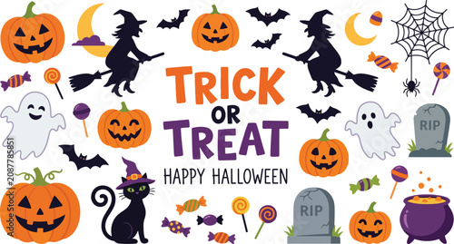 Obraz na płótnie Trick or treat happy halloween flat vector icon element collection set