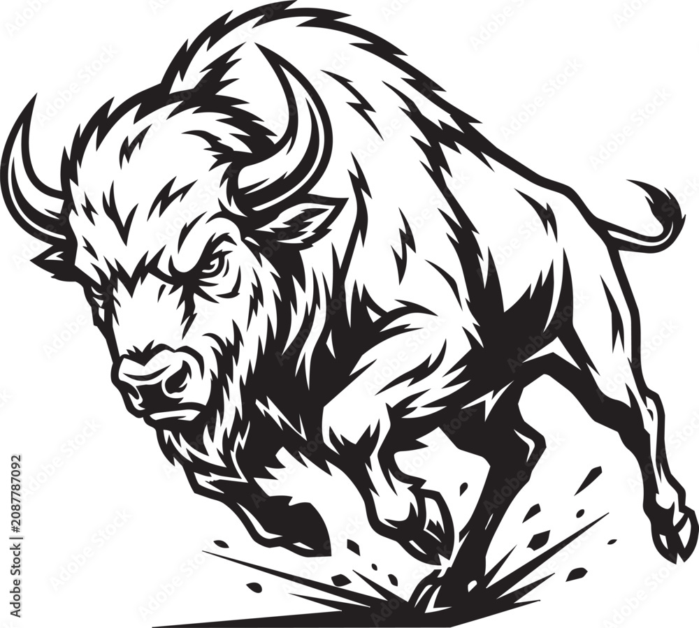 Obraz premium Powerful charging black and white bull animal vector illustration isolated on transparent background, Vector, illustration