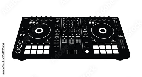 Bild auf Leinwand Digital dj controller with multiple knobs and buttons black silhouette deejay