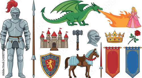 Obraz na płótnie Medieval Fantasy Knight Vector Set Featuring Fire Breathing Dragon Castle Prince