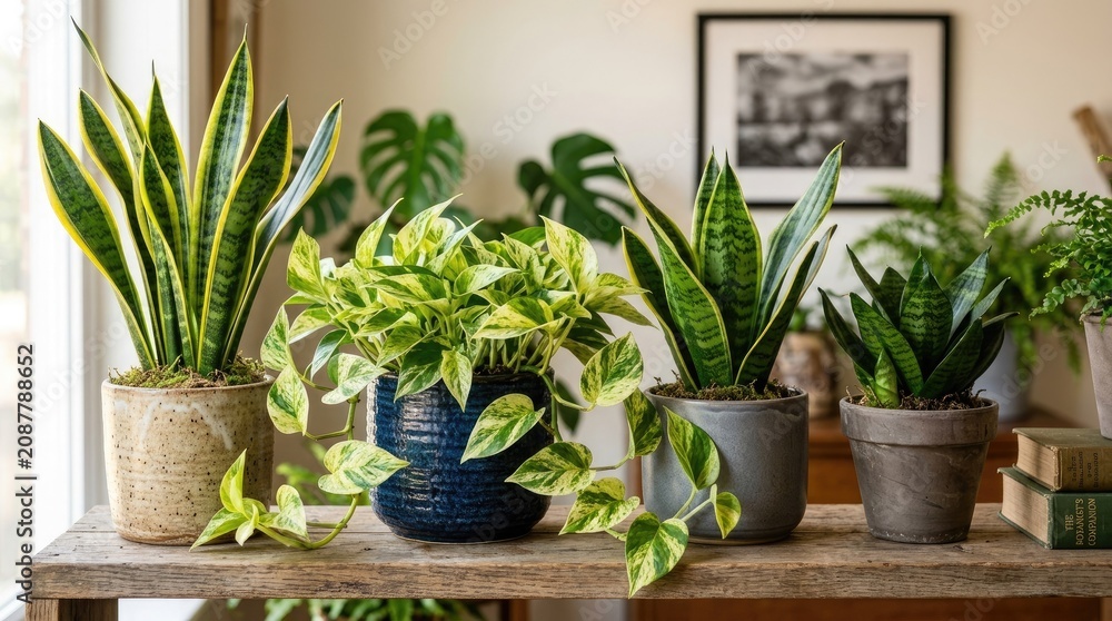 Fototapeta premium Indoor plants on a wooden table with pots and books