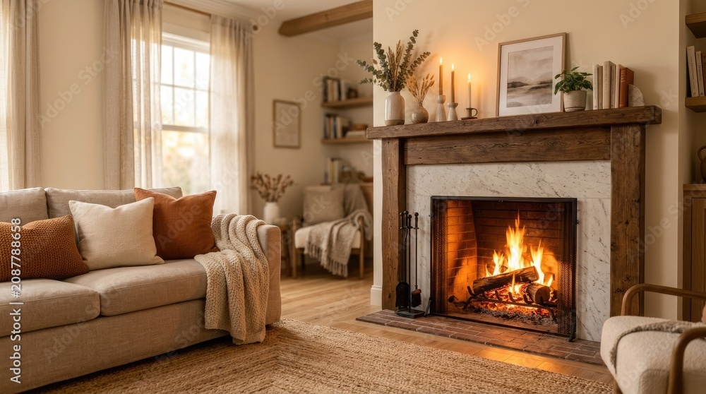 Fototapeta premium Cozy living room with burning fireplace neutral tones and autumnal decor for relaxing home interiors