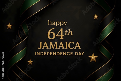 Elegant patriotic background displaying the text Happy 64th Jamaica Independence Day luxurious black, green, and gold ribbon elements, golden stars, light rays