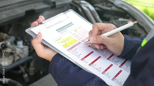 A mechanic holding a pen and writing on a vehicle inspection form checklist on a clipboard, with an open car engine compartment in the background. Close-up with selective focus.