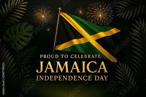 Jamaica Independence Day greeting background with the Proud to Celebrate Jamaica Independence Day, elegant gold typography, waving Jamaican flag, tropical foliage frame, fireworks illuminating 