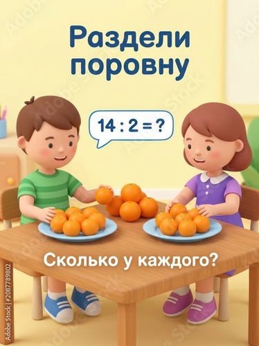 Illustration of children solving math problem with oranges on table in classroom setting