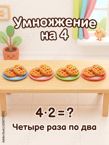 Illustration of multiplication concept for 2nd grade with colorful plates and cookies on a table