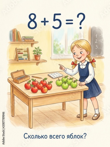 Illustration of girl solving math problem with apples on table in classroom setting for 2nd grade