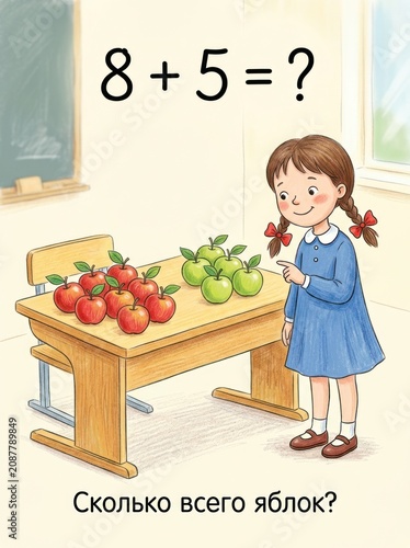 Illustration of girl solving math problem with apples on desk in classroom setting for 2nd grade