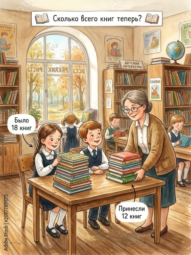 Illustration of children in classroom solving math problem with books on table and teacher nearby