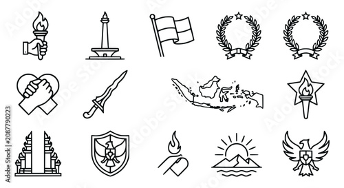 Bild auf Leinwand Indonesia National Symbols Icons Set: Flag, Torch, Map, Kris Sword, Monas, Garud
