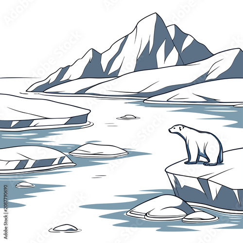 Bild auf Leinwand Polar bear standing on a floating ice floe in the arctic ocean with snowy mounta