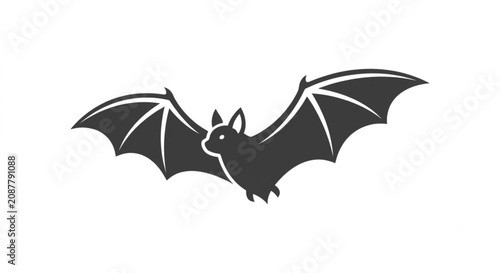 Black bat silhouette icon with open wings isolated on white background